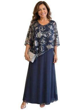 SLNY Womens Smoke/Silver Floral Maxi Dress With Sheer Cape Overlay - Size 16